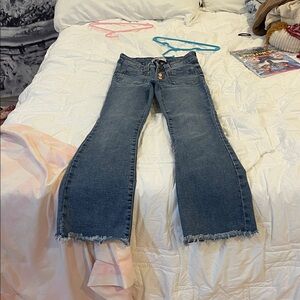 Celebrity Pink Blue Flare Jeans with Frayed Hem